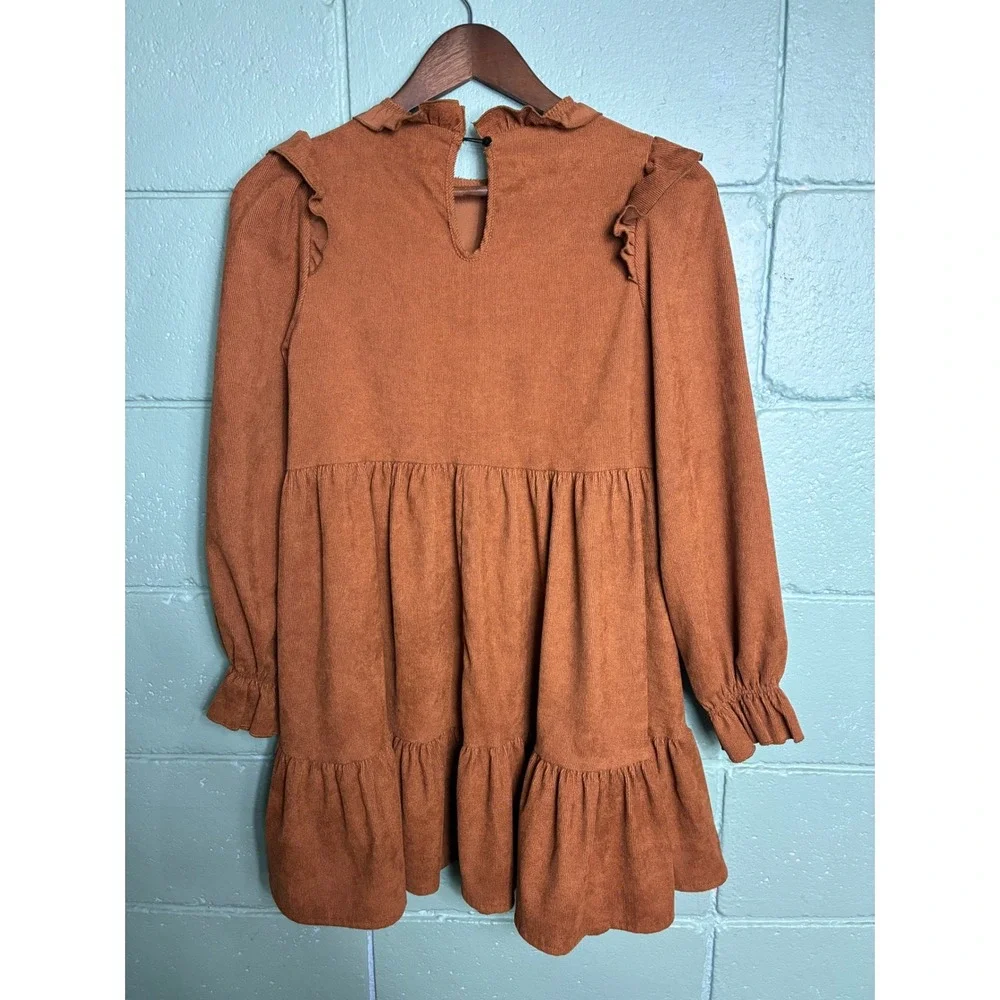 Tiered Babydoll Dress Teen 13Y Rust Brown Ruffle LongSleeve Boho kidcore Prairie
